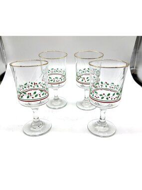 Set Of 4 Libby  Vintage Christmas Holly & Berry Water Goblets With Gold Rim